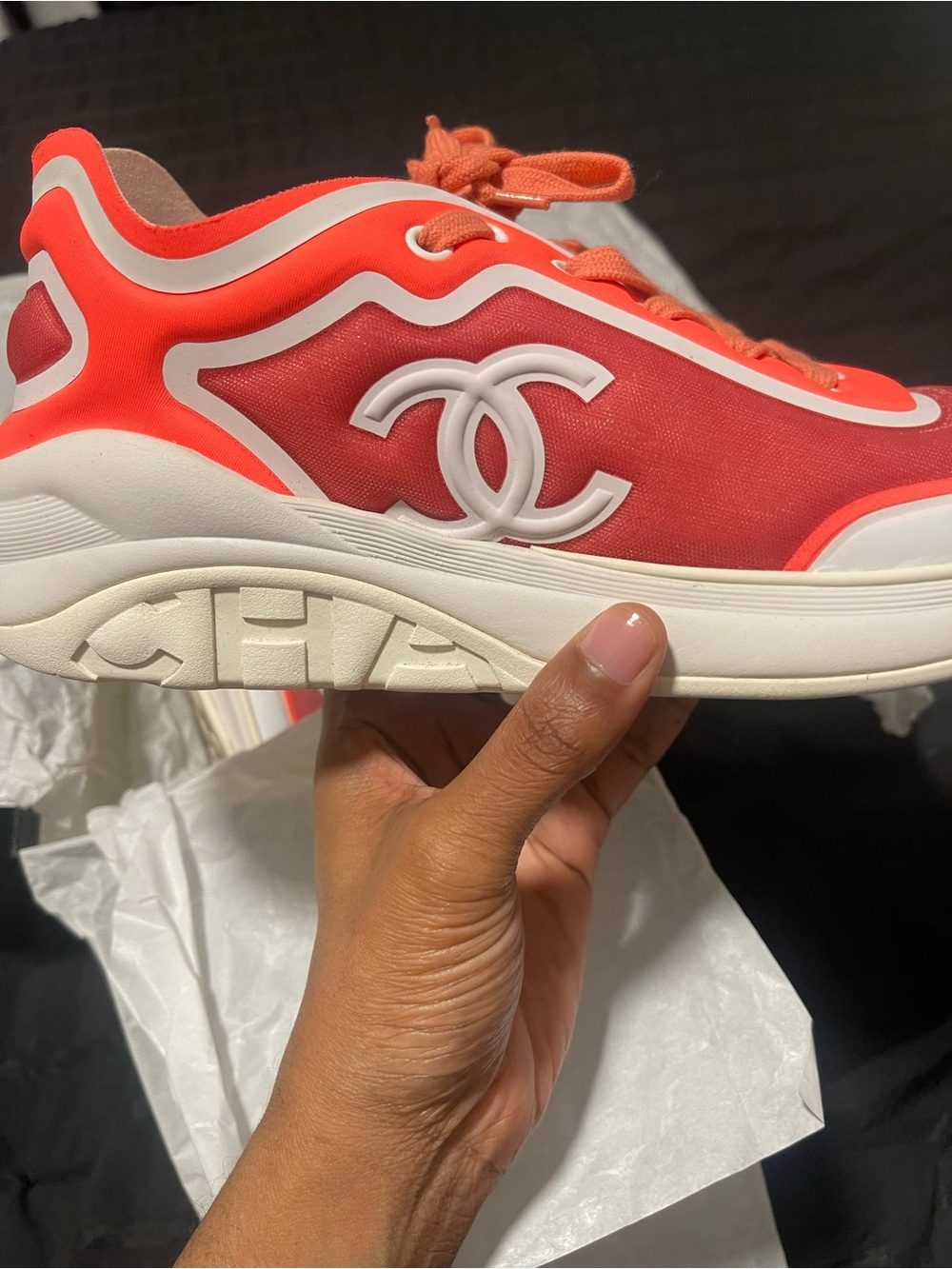 CHANEL Coral and White Chunky Lace-Up Sneaker